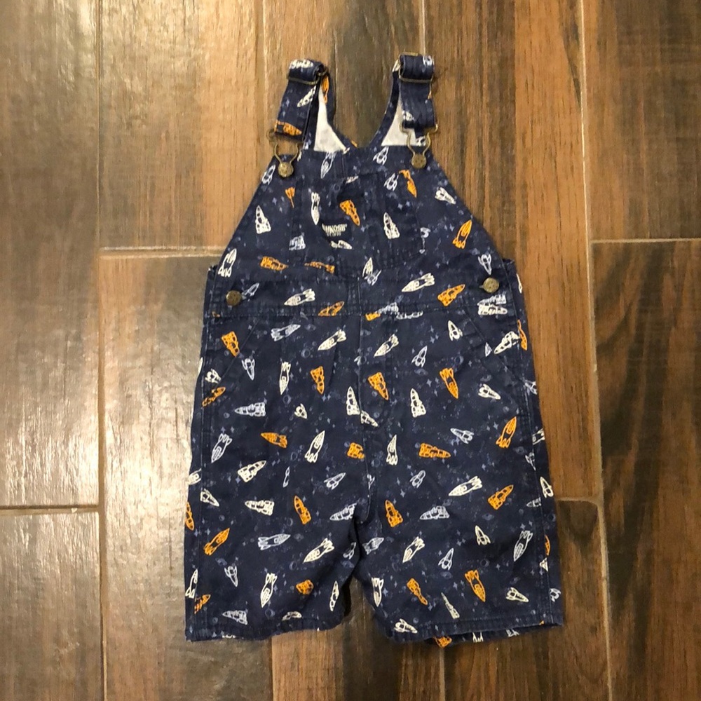 OshKosh G’gosh navy and orange rocket shortalls